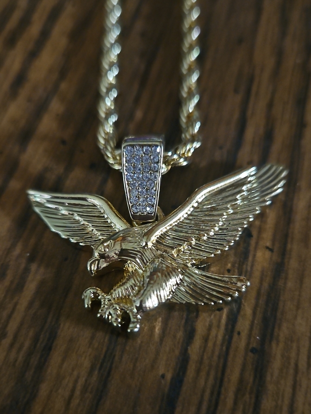 Hip Hop Eagle Pendant 24" Necklace - Bail Zirconia - 18K Plated Gold Jewelry - Picture 2 of 5